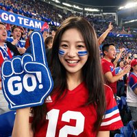 一位年轻女性球迷在体育场合影，笑容灿烂