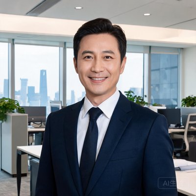 一位面带自信微笑的男性团队负责人，身着深色西装，背景为现代办公室