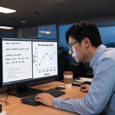 一位专注于电脑屏幕的男性工程师，桌面上显示代码与数据图表